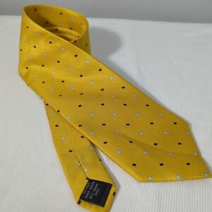 Bijoux Terner 100% Silk Tie‎ Yellow With Navy Squares And Blue Dot Flowers 63"